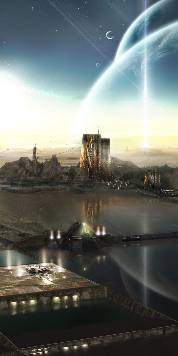 Futuristic Sci-Fi Landscape: City, Water, Planet, and Moon - Phone Wallpaper