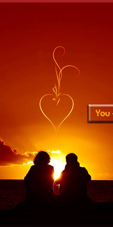 Couple Watching Sunset with Heart Symbol - Romantic Mobile Wallpaper