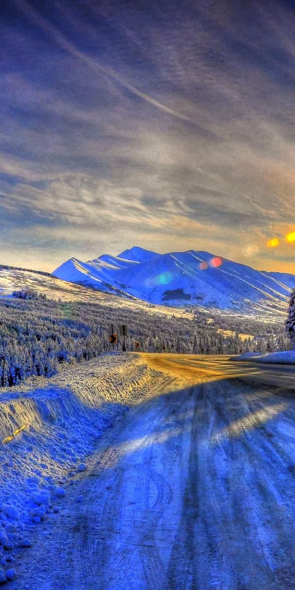 Phone wallpaper: Winter, Sunset, Snow, Road, Tree, Man Made free download