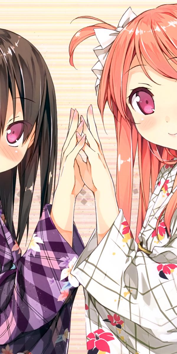 Phone wallpaper: Anime, Girl, Kimono, Pink Hair, Blush, Long Hair, Brown Hair, 5 Nenme No Houkago, P