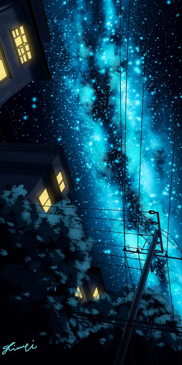 Phone wallpaper: Post, Wire, Pillar, Building, Starry Sky, Wires, Night, Art free download