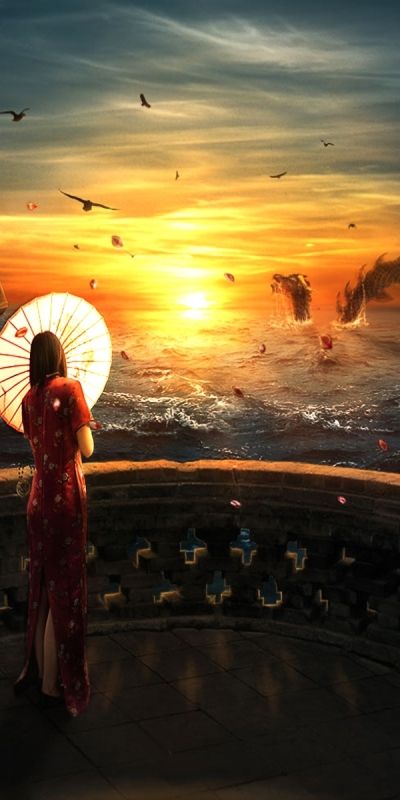 Phone wallpaper: Fantasy, Sunset, Sea, Sakura, Ocean, Dragon, Asian, Parasol free download