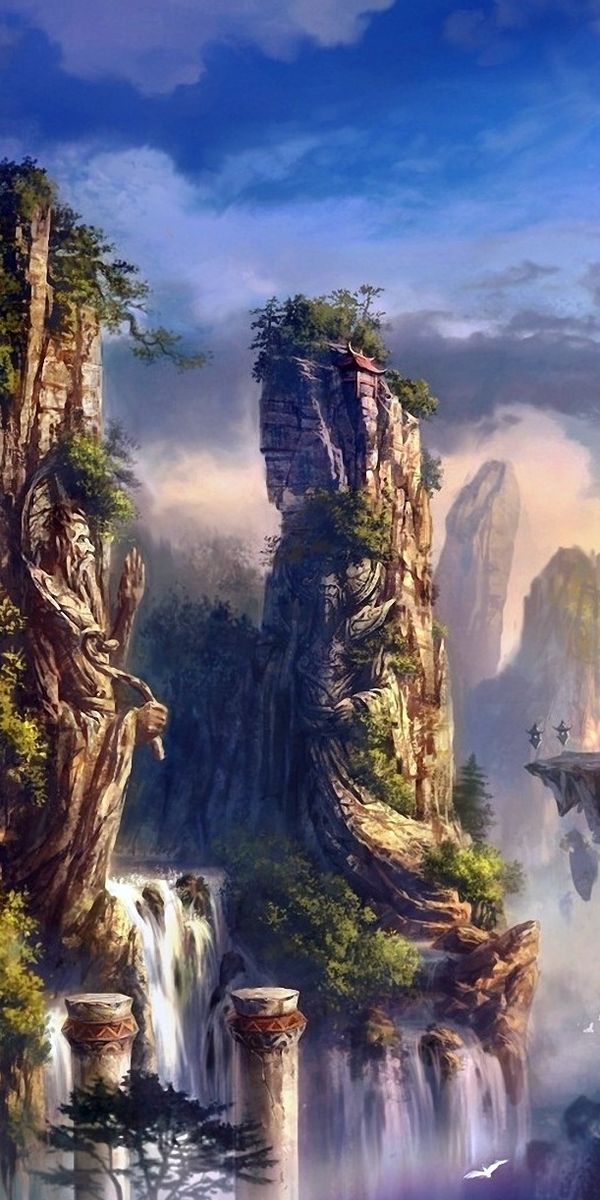 Enchanting Fantasy Landscape Phone Wallpaper Featuring Floating Islands and Waterfalls