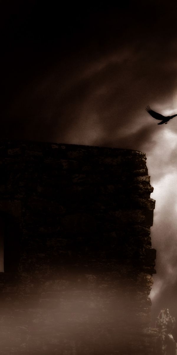 Gothic Cemetery with Crow Under the Moonlight