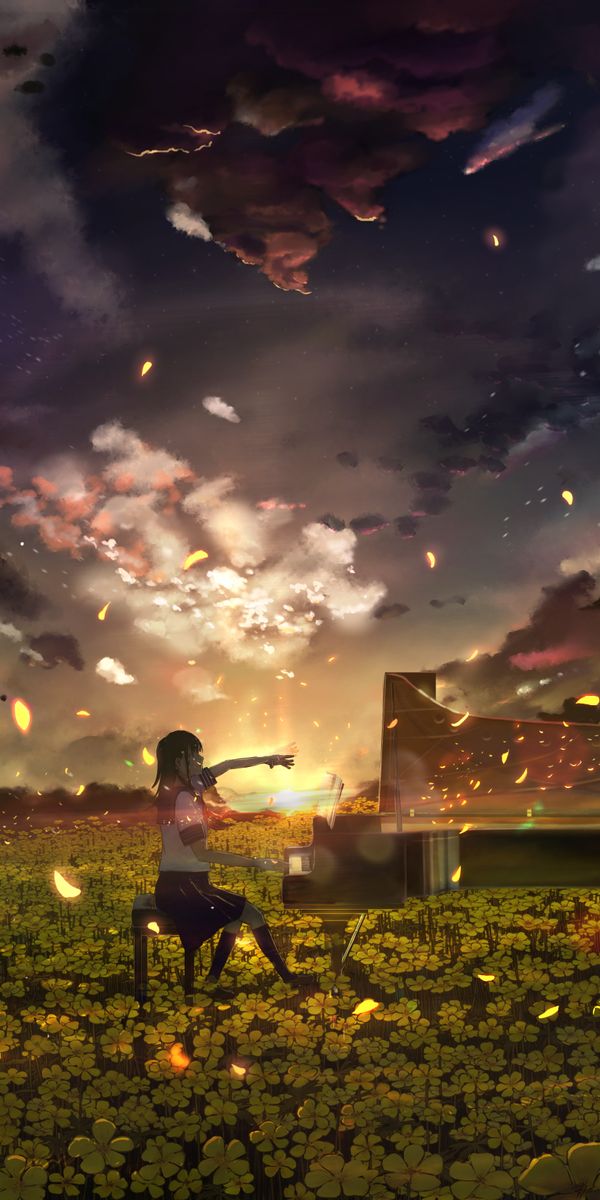 Enchanting Evening Scene: Schoolgirl at Piano Surrounded by Butterflies and Flowers