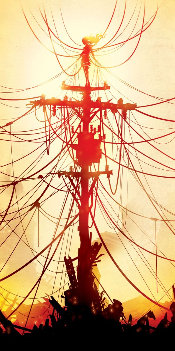Phone wallpaper: Post, Pillar, Wire, Wires, Shine, Light, Silhouette, Art, Vector free download