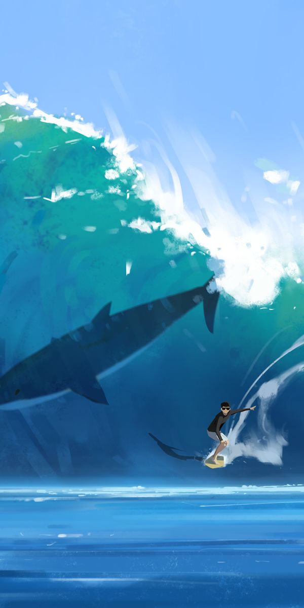 Phone wallpaper: Shark, Serfing, Wave, Surfer, Art free download