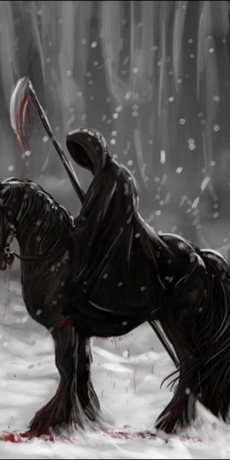 Free iPhone Background Featuring a Dark Grim Reaper on a Horse in Snow