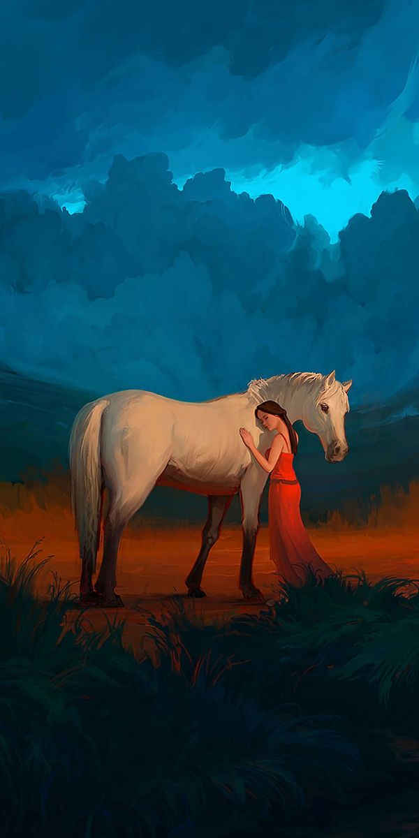 Artwork of a Girl and Her Horse in a Serene Landscape