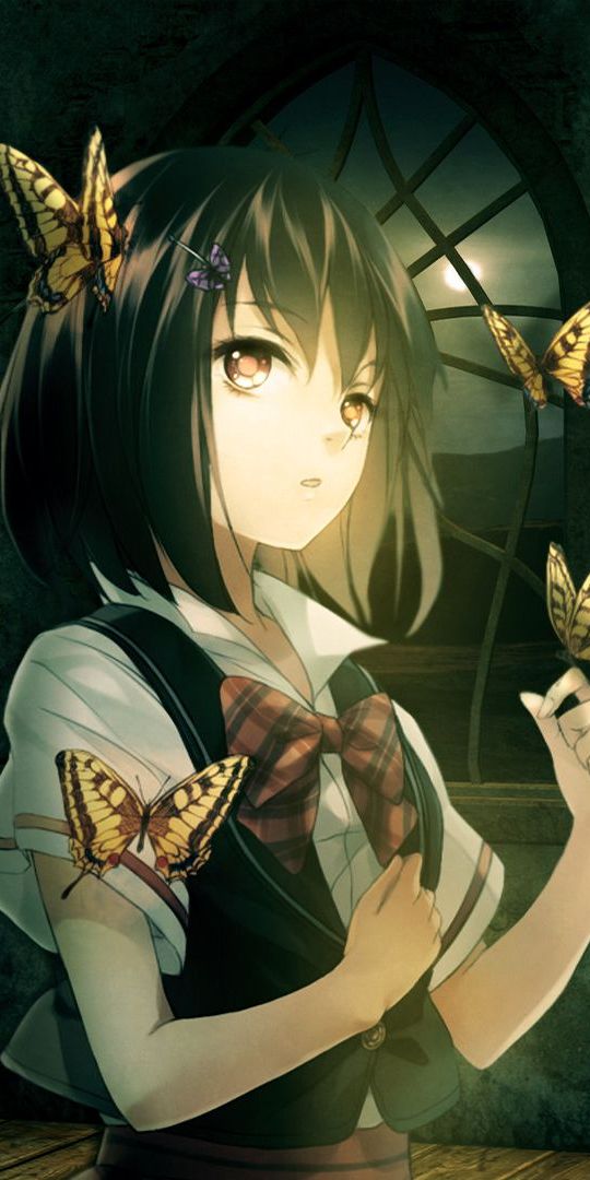 Phone wallpaper: Anime, Butterfly, Girl, Black Hair free download