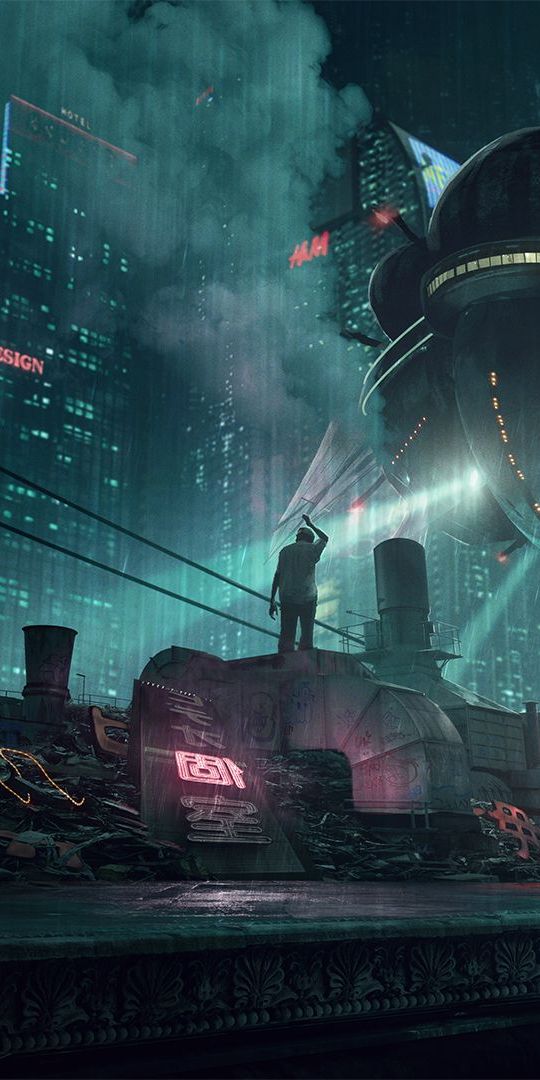 Futuristic Cyberpunk City at Night with Rain and Vehicles