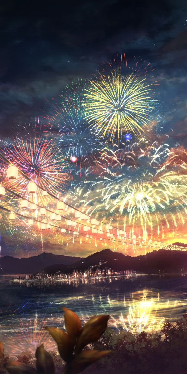 Colorful Fireworks Festival Over the Tranquil Lake at Sunset
