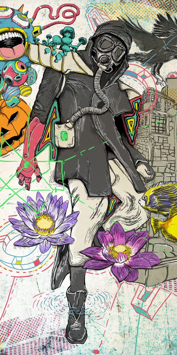 Vibrant Fantasy Art Featuring a Gas Mask and Intricate Designs