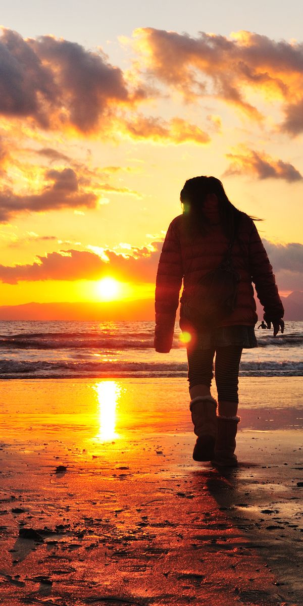 Phone wallpaper: Bank, Shore, Stroll, Person, Sea, Sunset, Loneliness, Human, Light, Shine, Dark fre