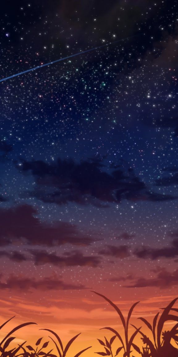 Enchanting anime wallpaper featuring a girl gazing at stars during sunset