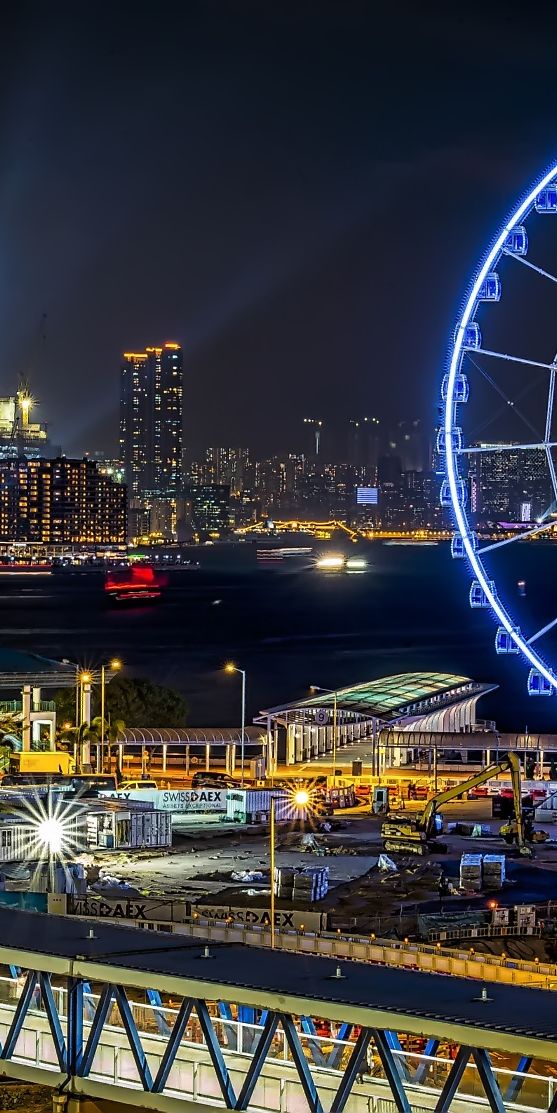 Phone wallpaper: Cities, Night, City, Building, Ferris Wheel, Cityscape, Hong Kong, Man Made free do