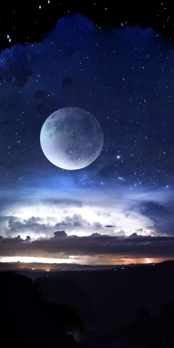 Beautiful Fantasy Landscape with Bright Moon and Starry Night Sky