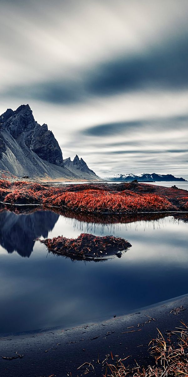 Breathtaking Vestrahorn Mountains and Ocean Reflection Phone Wallpaper