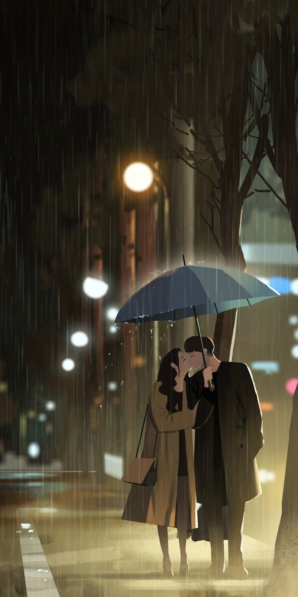 Romantic Scene of a Couple Kissing Under Umbrella in the Rain