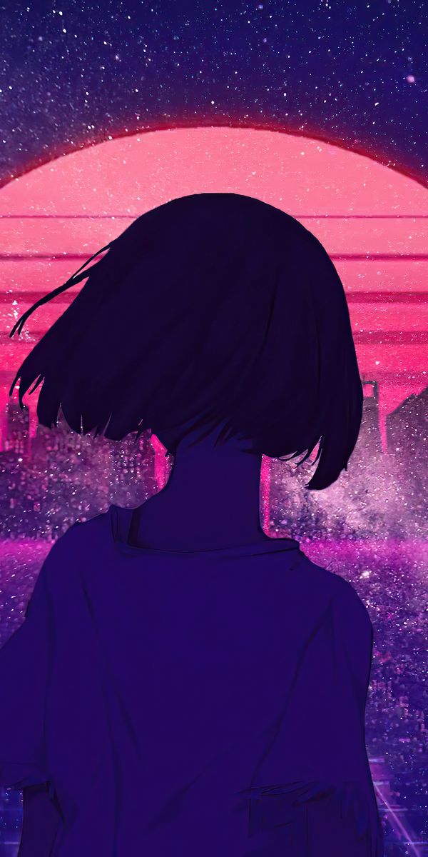 Anime Girl Against Retro Synthwave Sunset Wallpaper