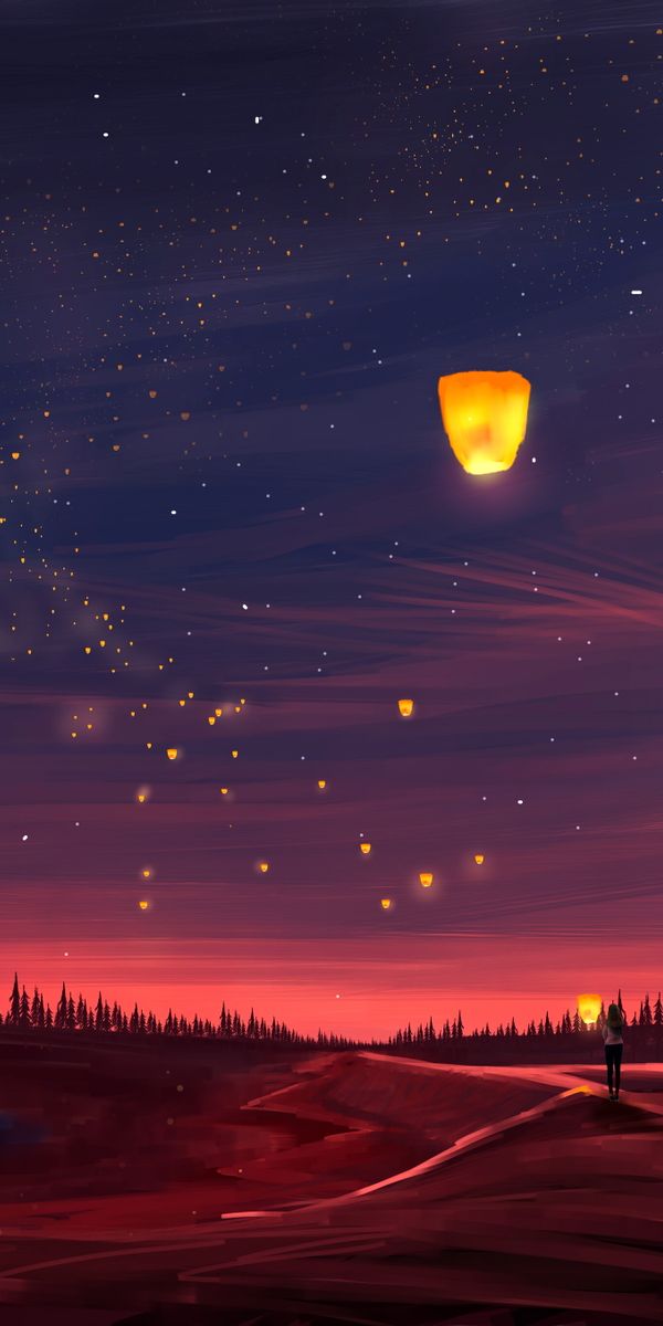 Pretty Night Sky with Floating Lanterns