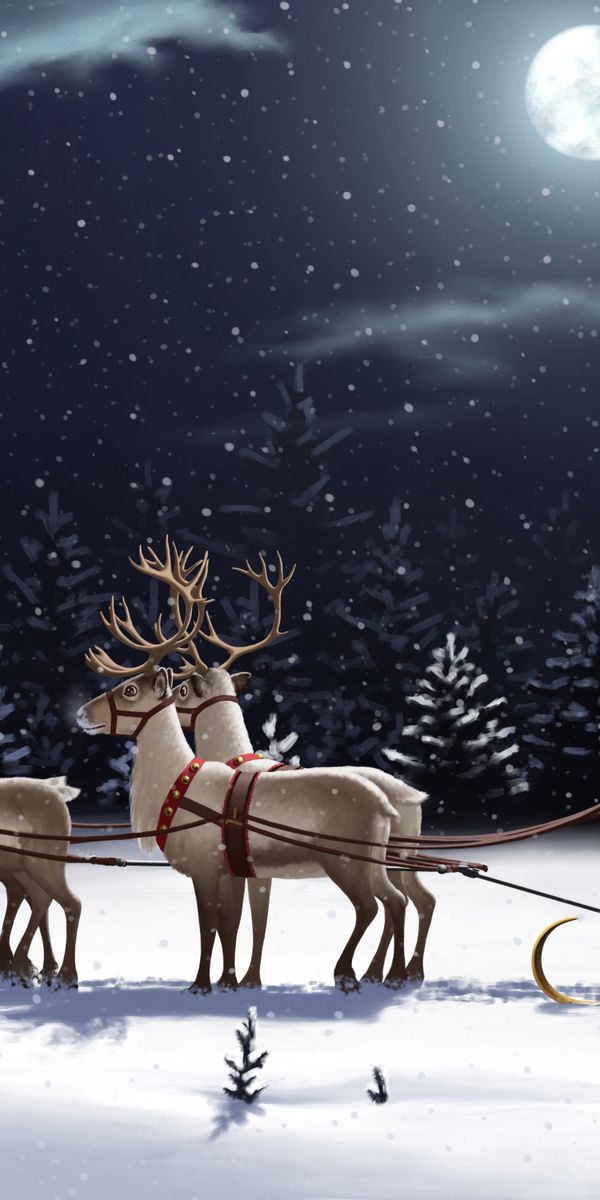 Santa Claus with Reindeer Sleigh in a Snowy Night Scene