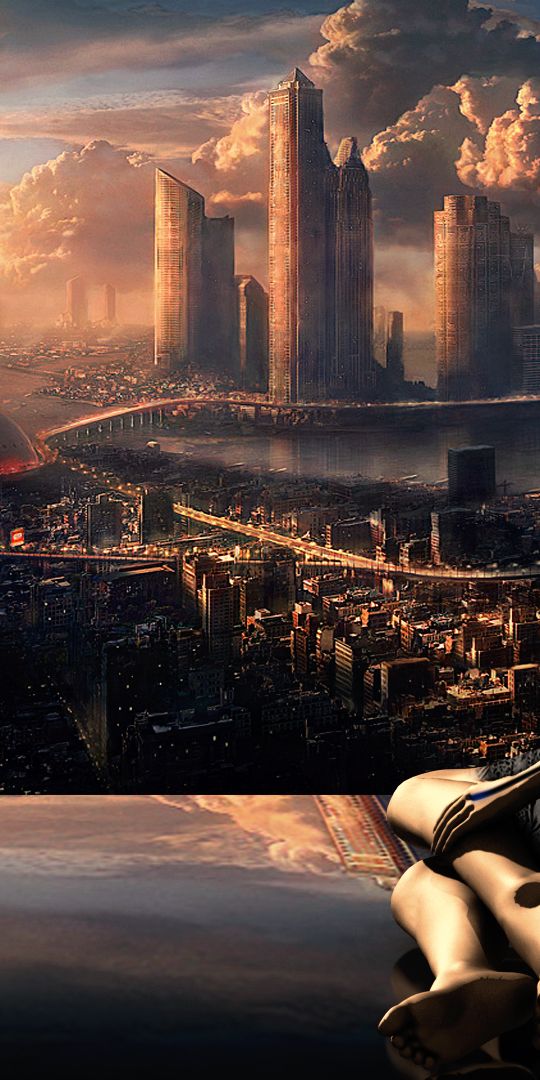 Futuristic City with Robot Reflection at Sunset