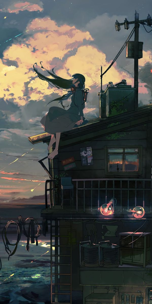 Aesthetic Anime Sunset with Shooting Star and Light Bulbs