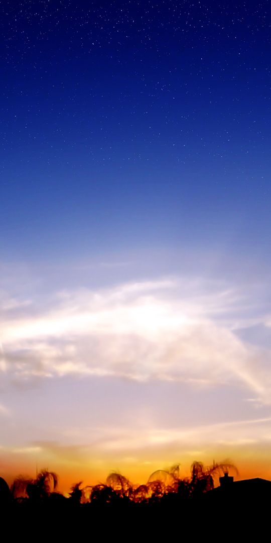 Phone wallpaper: Skyline, House, Palm Tree, Photography, Earth, Stars, Sunset, Cloud, Sky, Landscape