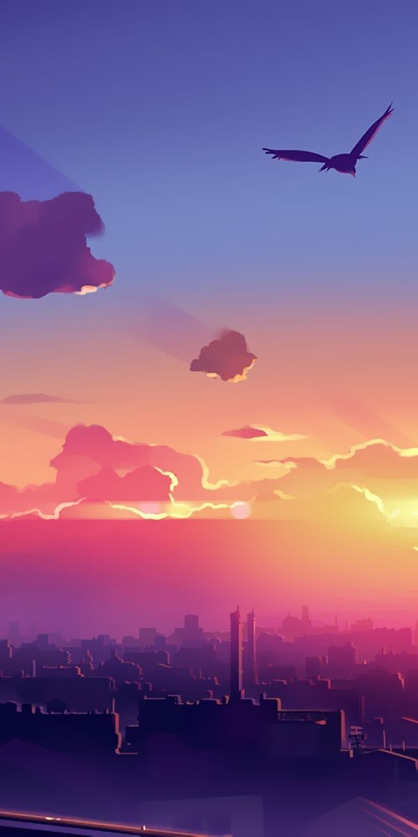Anime Sunset with Birds and Clouds for a Serene Mobile Wallpaper