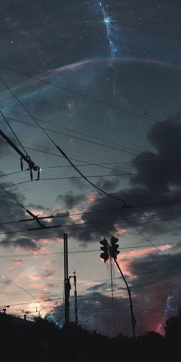 Breathtaking Night Sky with Wires and Clouds