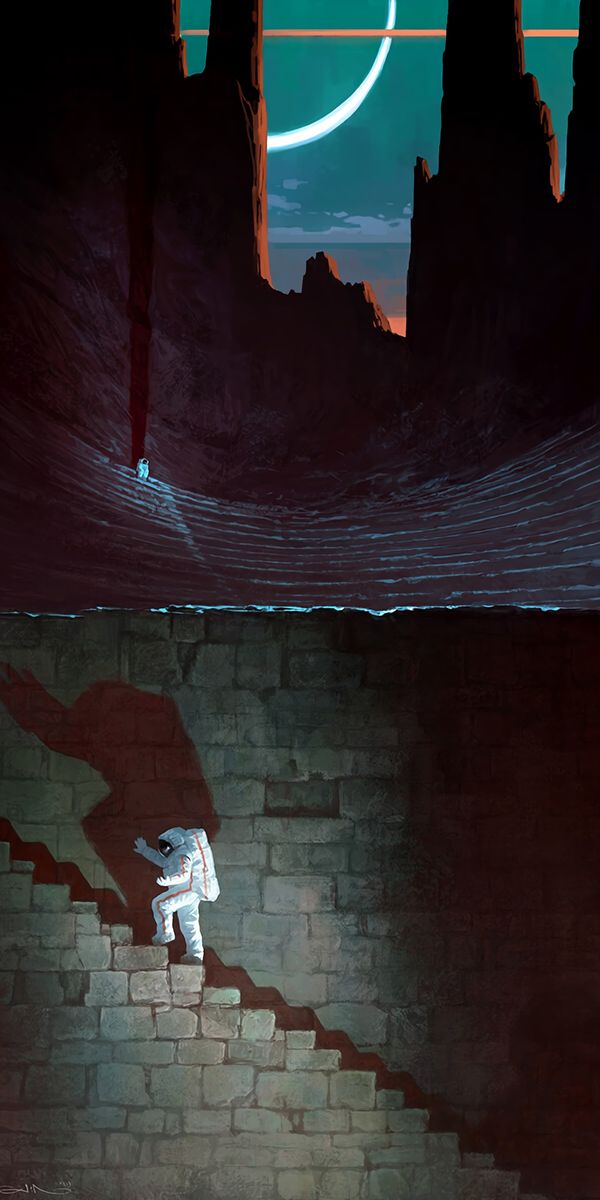 Astronaut Descending Stairs in a Cosmic Landscape