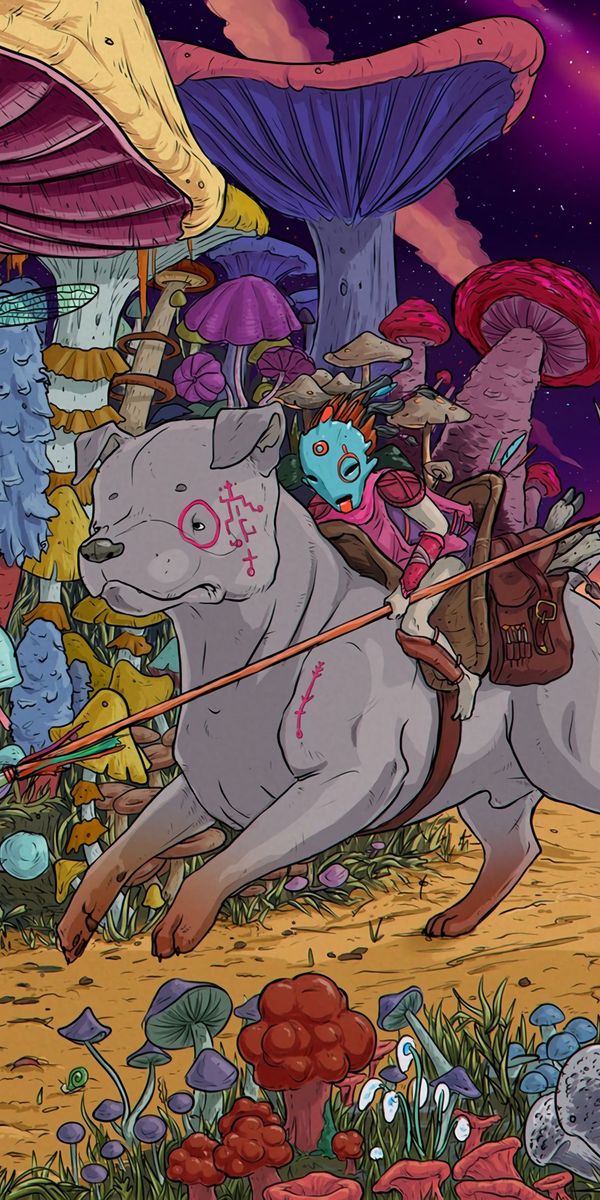 Vibrant Horseman Riding with Dog Through Colorful Mushroom Forest