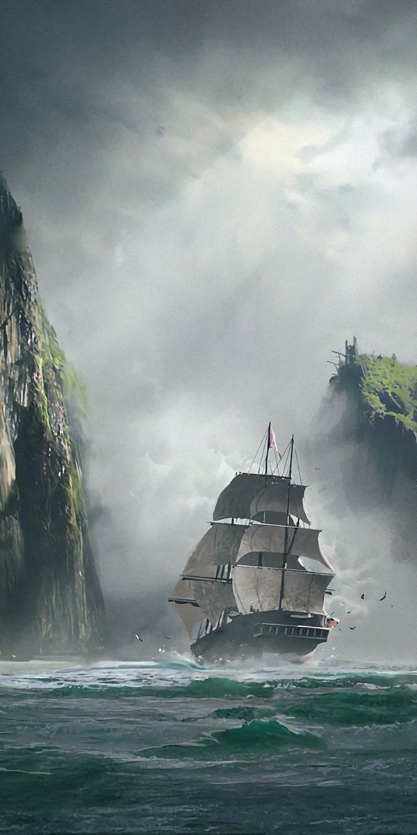 Mysterious Ship Sailing Through Foggy Sea