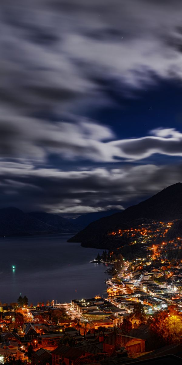 Phone wallpaper: Queenstown (New Zealand), New Zealand, Town, Cities, Man Made, Night, Cloud, Sky fr