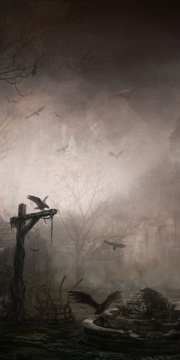 Gothic Diablo III Town with Dark Ravens Wallpaper