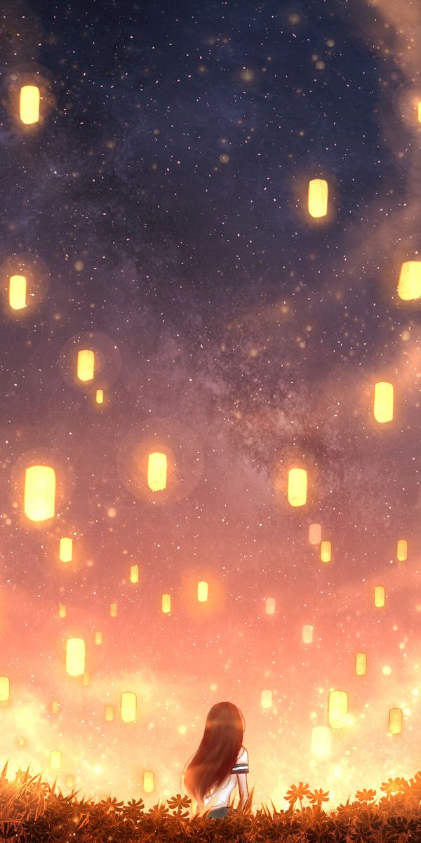 Anime Girl Surrounded by Floating Lanterns in a Starry Night