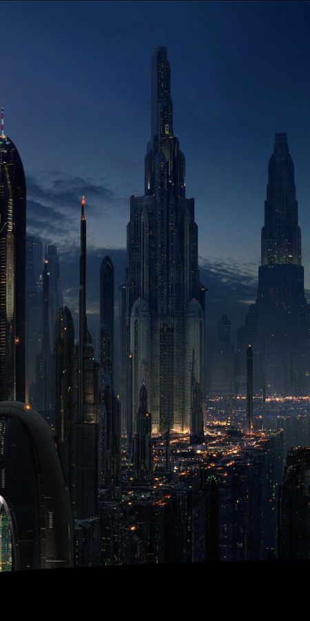 Futuristic Cityscape at Night with Skyscrapers and Star Wars Aesthetic